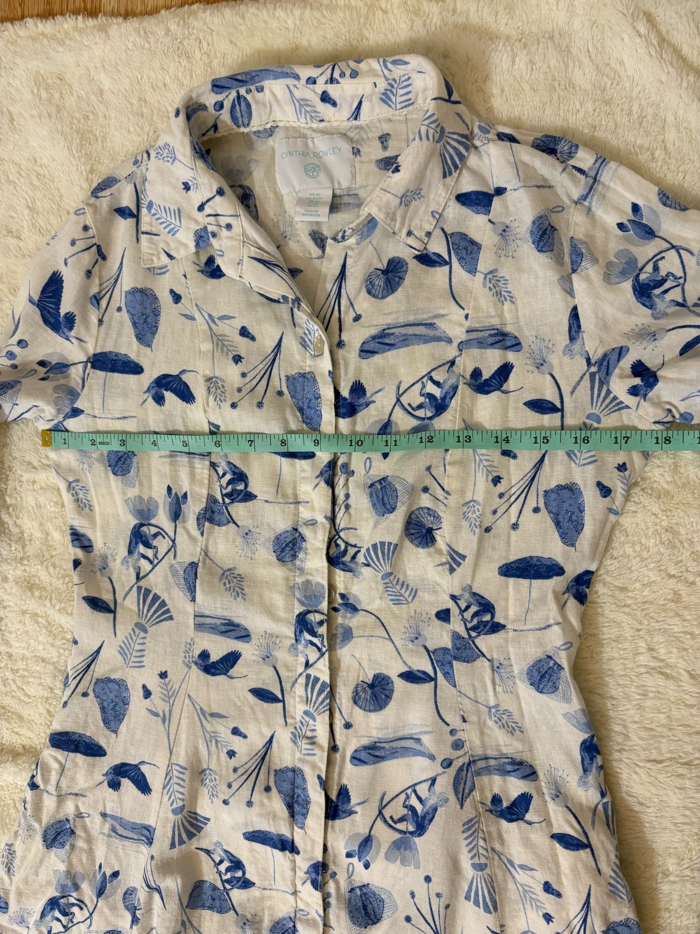 Cynthia Rowley Linen Blend White Button Down Maxi Dress with Blue Leaf Print XS - Picture 4 of 10